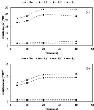 Figure 3: Unsteady-state analysis of the fouling  resistances for (a) PES, and (b) PVDF at P=1 bar,  Re=2500, and room temperature (22 ± 1 °C)