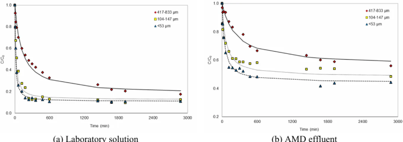 Figure 3: Effect of particle size on the kinetics of manganese removal with bone char (25 °C, 150 min -1 ,  2/400 g mL -1 , continuous curves are pseudo-second order model): (a) Laboratory solution (C 0  = 100 mg L -1 ,  pH i  = 5.76) and (b) AMD effluent 