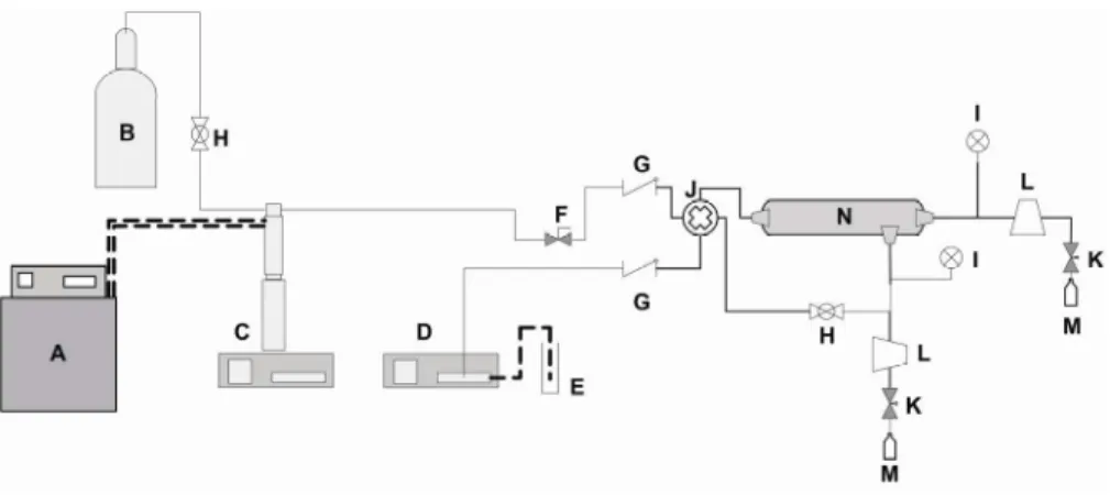 Figure 1: Schematic diagram of the experimental apparatus used in separations of soybean  oil/n-butane: A - thermostatic bath, B - n-butane cylinder, C - syringe pump, D - liquid pump,     E - sample flask, F - micrometric valve needle, G - check valve, H 
