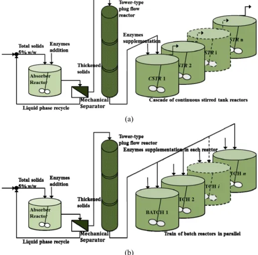 Figure 2: Schemes of the reaction systems proposed. Enzyme adsorption, thick- thick-ening and liquid phase recycling, followed by a tower-type plug flow reactor and: 