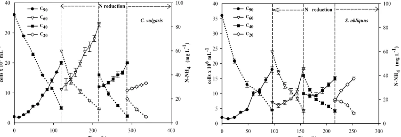 Figure 2: Growth curves (continuous lines) and nitrogen concentration curves (dotted lines) of S