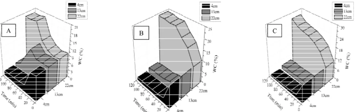 Figure 7: Emulsion sedimentation profiles of water content with time and depth in the separator vessel,  for a water content of 10% at the temperatures of 25 °C (A), 40 °C (B) and 60 °C (C)