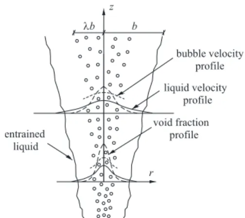 Figure 1: Schematic of a vertical bubbly jet, assum- assum-ing Gaussian type self-similarity of liquid velocity,  bubble velocity and void fraction along the axial  direction