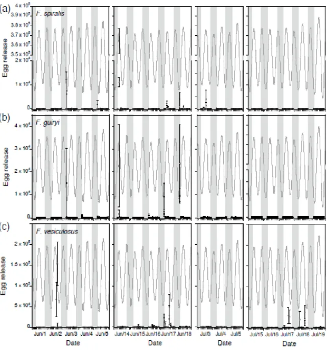 Figure 2.7.  Egg release during 2 h sampling intervals (n = 5 ± SE) by a)  Fucus spiralis , b),  Fucus guiryi ,  and  c)  Fucus vesiculosus   at  two  replicate  sites/species  (open  and  closed  symbols)  during  four  neap  tide  periods  in  June  and 