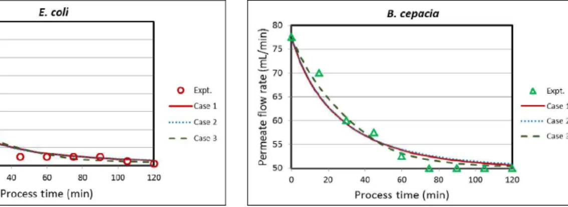 Figure 8: Comparison of theoretical and experi- experi-mental (Hasan et al., 2013) permeate flow rates in  the microfiltration of E