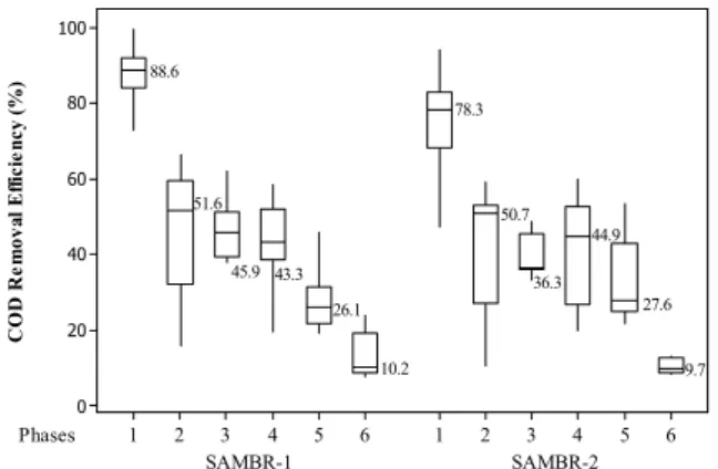 Figure 2 shows the influence of the DF in the tex- tex-tile wastewater and hydraulic retention time (HRT)  on COD removal in the reactors SAMBR-1 (4.0 g/L  PAC) and SAMBR-2 (without PAC) during all  oper-ational phases