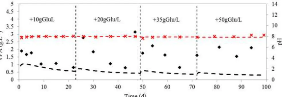 Figure 3: Experimental data ( ♦  - VFA and X - pH) and simulation (-- -  VFA and -- - pH) for co-digestion of manure and pure glucose (gradual  addition) regarding VFA and pH
