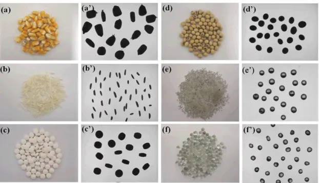 Figure 3: Different materials used in the present investigation along with the respective projected  shadows processed by means of the CAMSIZER ®  analysis system: (a) corn; (b) rice; (c) tablet  (placebo tablets with a concave cylindrical shape); (d) soyb