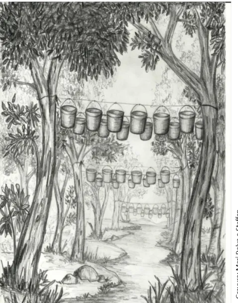 Figura  8:  Esquema  simplificado  da  disposição  dos  baldes  para  o  estudo  do  aporte  vertical dos detritos foliares alóctone utilizados no riacho Cachoeira Grande