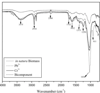 Figure 1: FT-IR spectra of raw S. natans and the  biomass saturated with chromium and lead