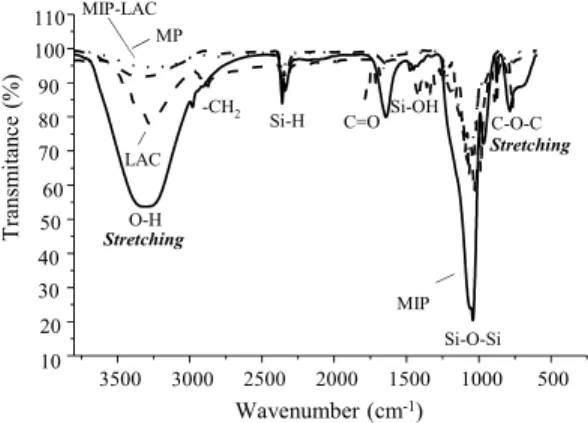 Figure 1: FT-IR spectra of the standard lactose  (LAC), pure matrix (MP), molecularly imprinted  polymer (MIP), molecularly imprinted polymer with  lactose (MIP-LAC)