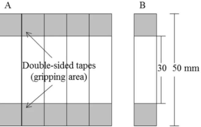 Figure 1: (A) A paper template model used to pre- pre-pare tensile specimens of the electrospun nonwoven  fiber membrane, and (B) a tensile specimen model