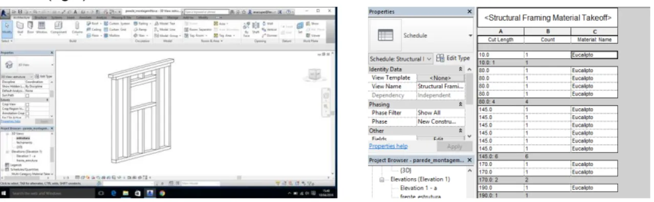 Figure 4 - Autodesk ®  Revit ®  print screen: wood-frame wall (left) and the structural framing material  takeoff (right) 