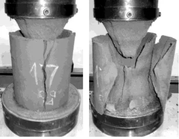 Figure 2 - Compressive strength testing: rupture pattern of the saturated specimen, showing the stress  cone, with lateral and peripheral detachment of the material in layers 