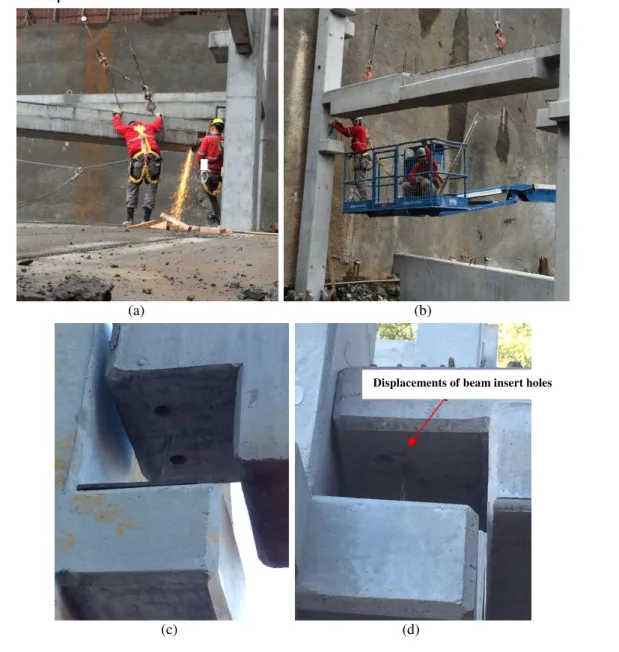 Figure 8 – Strategies adopted to cope with design and quality failures: (a) sanding one face of the beam  to fit it; (b) Installing a missing insert pin; (c) and (d) displacement of beam insert holes in relation to  column insert pin 