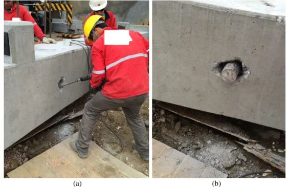 Figure 10 – Reparing a column: (a) assembler enlarging the column hole; (b) lifting pin placed in the  adapted hole 