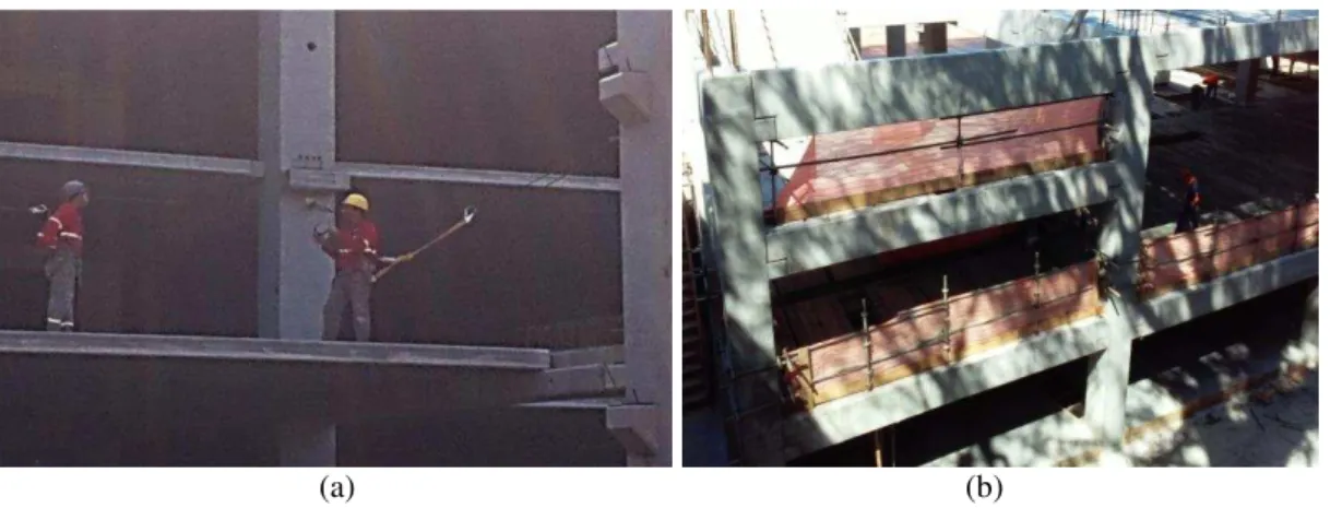 Figure 4 – Protections against falls: (a) assemblers connected to the horizontal lifeline system; (b) steel  safety guardrail system embracing the precast concrete structure 