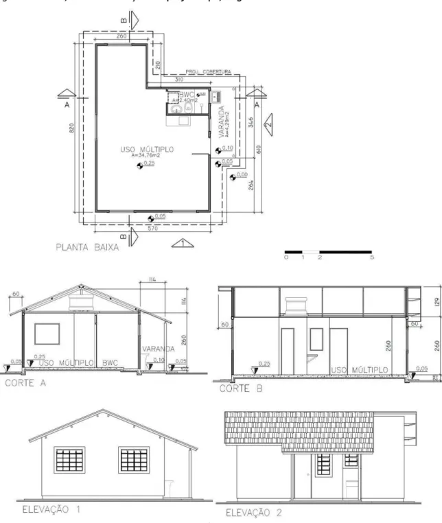Figura 1 – Planta, cortes e elevações do projeto tipo, original das unidades habitacionais das VR 