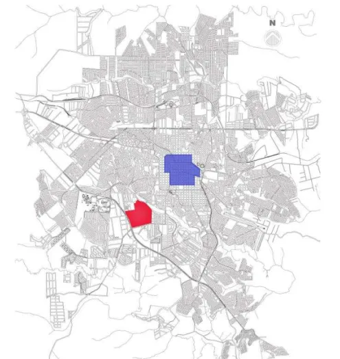 Figura 1 - Mapa de Londrina - área do estudo de caso (vermelho) e quadrilátero inicial da cidade (azul) 