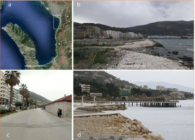 Fig. 4. (a) Area of intervention - Vlora Waterfront (yellow) and Bypass (red); (b) (c) (d) The existing situation of Vlora Waterfront