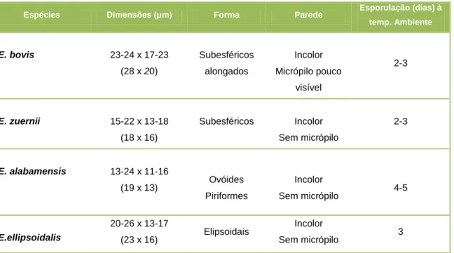 Tabela 5 – Principais características morfológicas dos oocistos das espécies de Eimeria mais  importantes em bovinos 