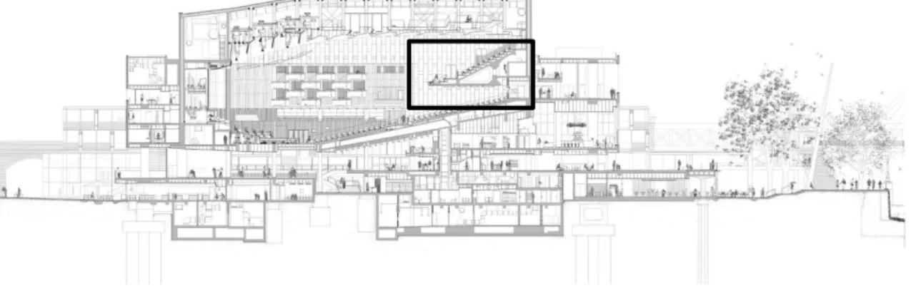 Figura 1.1 - Vista em corte da viga caixão triangular que suporta a laje da bancada em consola do Royal  Festival Hall [19]