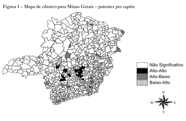 Figura 1 – Mapa de  clusters  para Minas Gerais – patentes  per capita