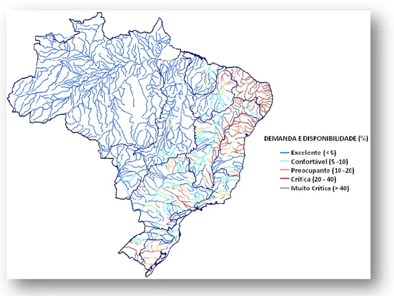 Figura 4.6: Panorama nacional das demandas e disponibilidades hídricas (ANA, 2007). 