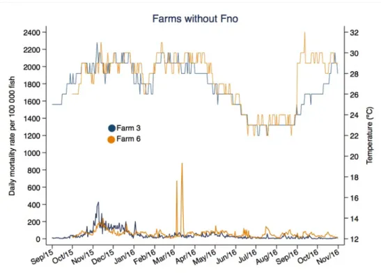 Figure 6. Daily mortality rate and water temperature (ºC) in farms with Fno reports over the  folllow-up period