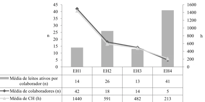 Figura 14 – Dados referentes às médias de colaboradores não farmacêuticos e cargas horárias  e proporção por leito por EH