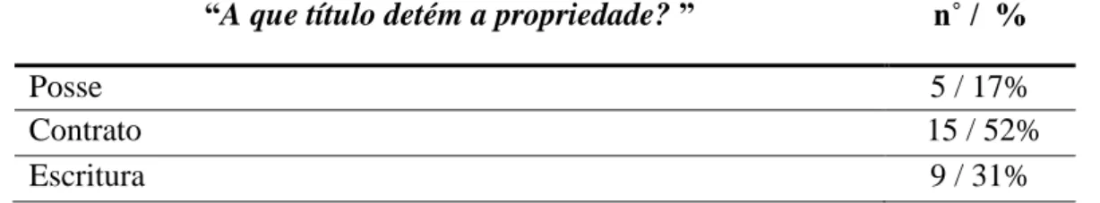 Tabela 6. Qualificação dos atendimentos realizados no âmbito da pesquisa, no que concerne a que título sobre o  imóvel, o beneficiário do Programa Reflorestar detém naquela ocasião.