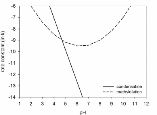 Figura 2.2 - Variação da constante de velocidade das reações de metilolação e condensação  com o pH (adaptado de Conner (1996))