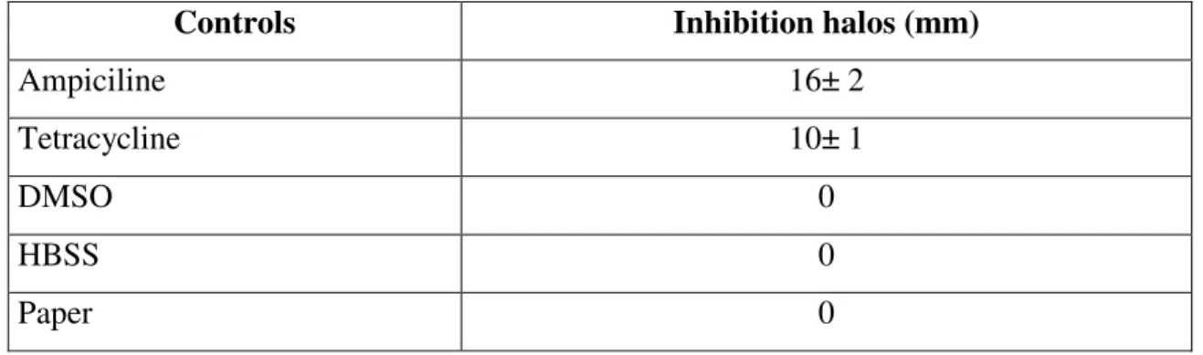 Table 6. Inhibition halos of P. d. piscicida caused by antibiotics (positive controls), solvent and  paper controls (negative controls)