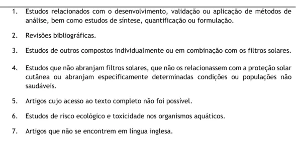 Tabela 3. Critérios de Exclusão. 