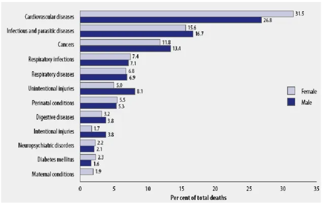 Gráfico 1 – Distribuição por género das principais causas de mortalidade mundial, 2004 (1)