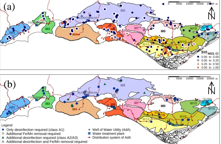 Fig. 3. (top) Spatial distribution of SVINO3,Cl for municipal wells (white background) and private wells in the main aquifer systems of the Algarve; Fig