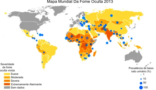 Figura 7: Mapa mundial da fome oculta de 2013 baseado no IFO e distribuição mundial  da  percentagem da prevalência de baixo iodo urinário