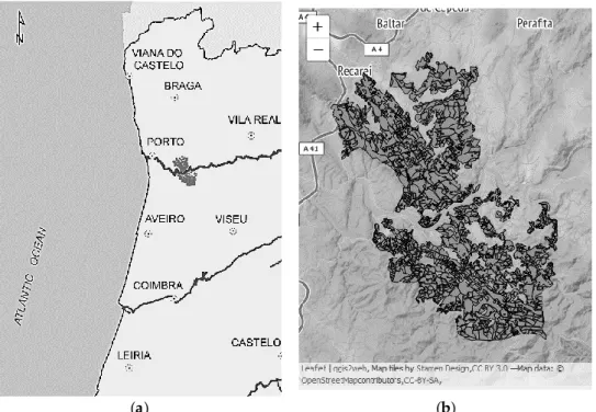 Figure  1. Zona de  Inte rvenção Florestal (ZIF) Paiva and Entre -Douro e  Sousa.   (a) location of the   study are a in Portugal; (b) classification of the  study area into stands
