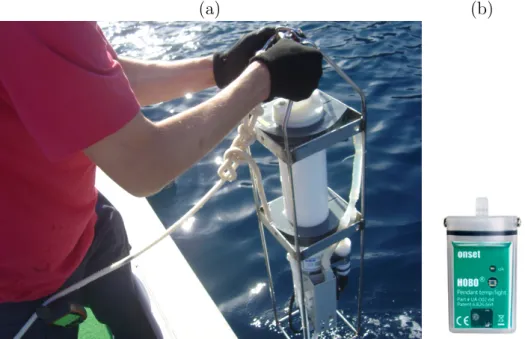Figure 3.1: The SeaBird CTD operated from the boat (a) and the HOBO tempera- tempera-ture/light sensor (b)