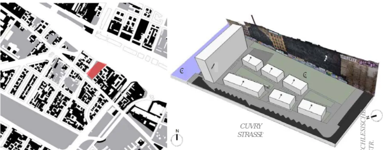 Figure 6. (left) Localization plan of Cuvry-brache site (in red); (right) proposal: 1