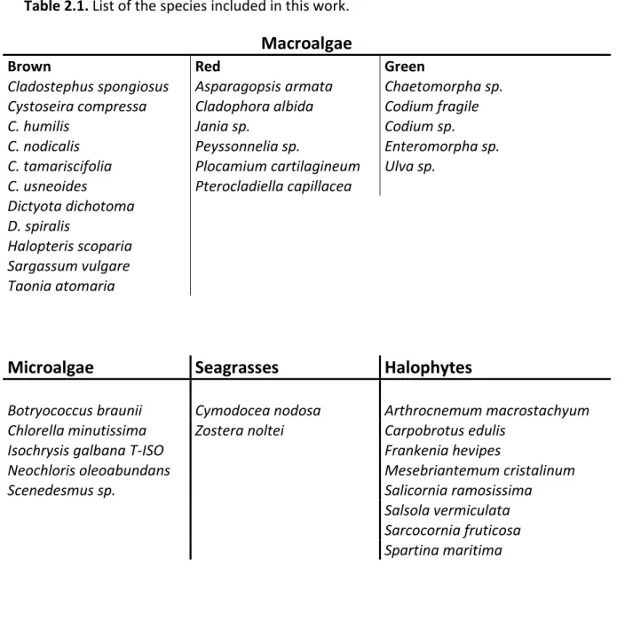 Table 2.1. List of the species included in this work. 