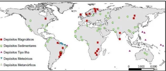 Figura 2.1. Distribuição espacial dos principais depósitos de fosfato no mundo (Amaral, 1997)