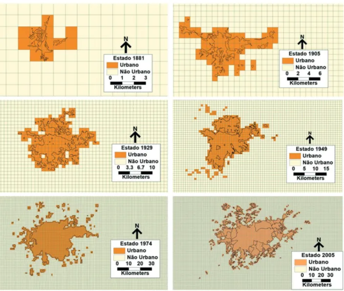 Figura 1 - Rasterização dos contornos do perímetro urbano para os períodos de 1881, 1905, 1929, 1949, 1974 e 2005.