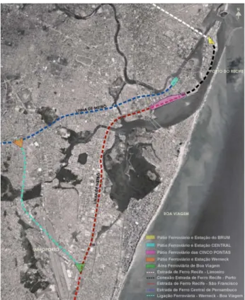 Figura 3 - Lugares centrais e nodalidades do primitivo Sistema Ferroviário  do Recife.