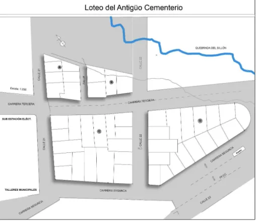 Figura 13 - Loteo de los terrenos del antiguo cementerio. Vectorización propia (2015) del original (s.f.)   Fuente: Archivo Histórico Municipal de Ibagué.