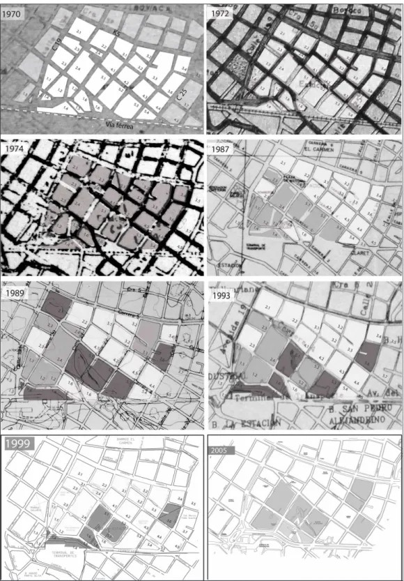 Figura 8 - Planos de evolución del sector. Elaboración propia (2016) sobre: Plano de la ciudad de Ibagué 1970