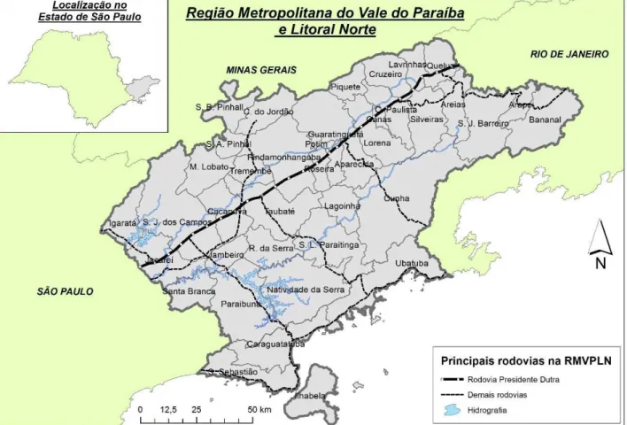 Figura 1 - Localização da Região Metropolitana do Vale do Paraíba e Litoral Norte Fonte: Elaboração de Daniel José de Andrade – IBGE (2010); DNIT (2013).