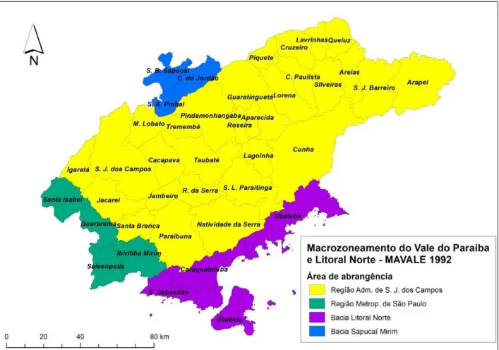 Figura 5 - Sub-regiões e municípios trabalhados no MAVALE Fonte: Elaboração de Daniel José de Andrade – INPE (1992, p