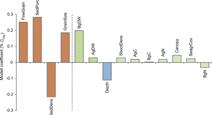 Fig 4. Partial least square (PLS) regression model coefficient plot. The model assesses the relative influence of different predictors on % C org in sediment (using a mean for the top 25 cm sediment)