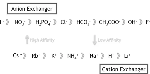 Figure 7  -  Scale of counter ions with high affinity or low-affinity relatively to anion/cation exchanger  applied (adapted from [6])